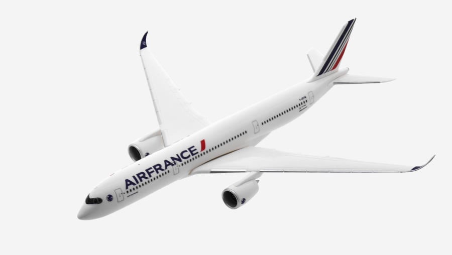 Top view of the 1/200 scale plastic diecast model of the Airbus A350-900 named  "Fort-de-France" registration F-HTYM in Air France livery  - HE612470001