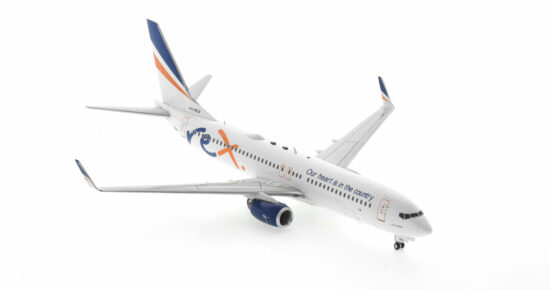 Front starboard side view of the 1/200 scale diecast model of the Boeing 737-800 NG, registration VH-REX, in Rex Airlines livery - Inflight200 IF738ZL0621