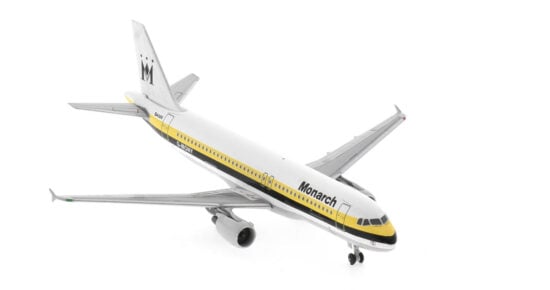 Front starboard side view of the 1/400 scale diecast model of the Airbus A320-200 registration G-MONY, in Monarch Airlines livery, circa the late 1990s - AeroClassics AC411257