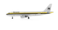 Port side view of the 1/400 scale diecast model of the Airbus A320-200 registration G-MONY, in Monarch Airlines livery, circa the late 1990s - AeroClassics AC411257