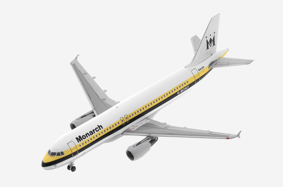 Top view of the 1/400 scale diecast model of the Airbus A320-200 registration G-MONY, in Monarch Airlines livery, circa the late 1990s - AeroClassics AC411257