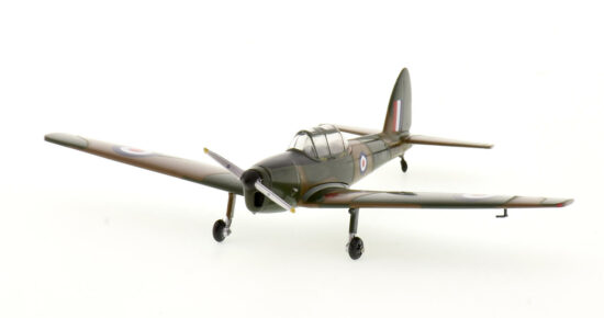 Front port side view of the 1/72 scale diecast model of the de Havilland Canada DHC1 Chipmunk T20, civil registration G-HDAE ex-Portuguese Air Force s/n 1304 painted to represent Chipmunk WP964 of the British Army Air Corps circa 2016 - AV72-26-016