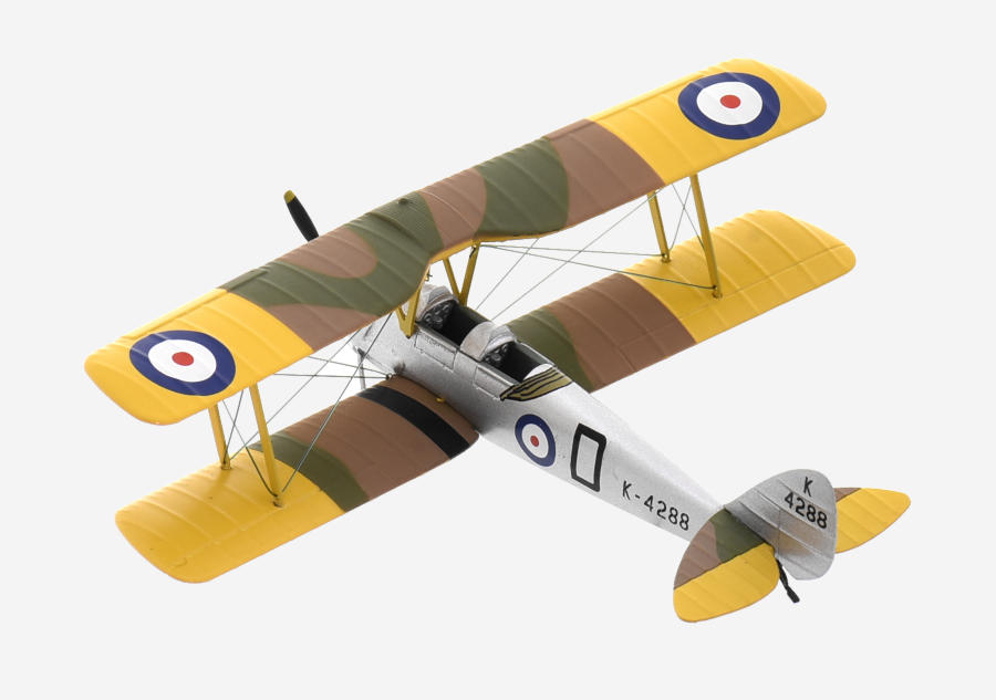 Top view of the 1/72 scale diecast model of the de Havilland DH 82A Tiger Moth serial number K4288/D of the No. 18 Elementary and Reserve Flying Training School England, 1937 - AV7221007