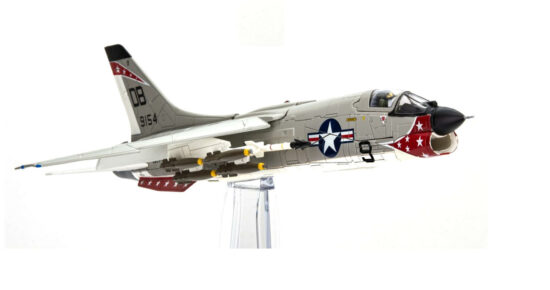 Front starboard side view of the 1/72 scale diecast model Vought F-8E Crusader, in launch configuration, BuNo 149154, tail code DB/9 of VMF(AW)-235 "Death Angles", United States Marine Corps - CW001645 