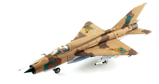 Front port side view of the 1/72 scale diecast model Mikoyan-Gurevich MiG-21PFM "Red 6173"  of the 927th Fighter Regiment "Lam Son Squadron",  Vietnam People's Air Force, 1974 - HA0109