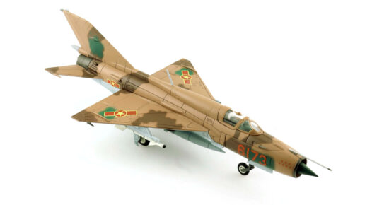 Front starboard side view of the 1/72 scale diecast model Mikoyan-Gurevich MiG-21PFM "Red 6173"  of the 927th Fighter Regiment "Lam Son Squadron",  Vietnam People's Air Force, 1974 - HA0109