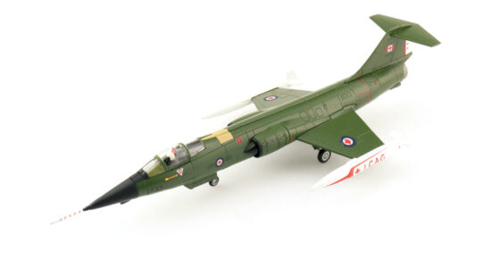 Front port side view of the 1/72 scale diecast model of the Canadair CF-104 Starfighter, serial number 104733. Assigned to the 1st Canadian Air Group, Canadian Armed Forces, 12th Tactical Weapon Meet 1976 - HA1065