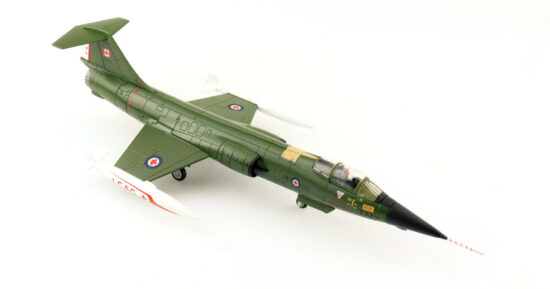 Front starboard side view of the 1/72 scale diecast model of the Canadair CF-104 Starfighter, serial number 104733. Assigned to the 1st Canadian Air Group, Canadian Armed Forces, 12th Tactical Weapon Meet 1976 - HA1065