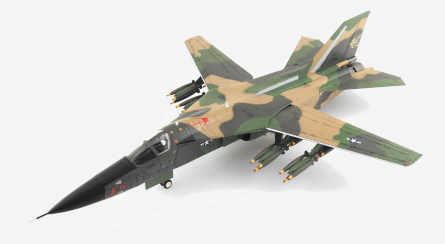 Front port side view of the 1/72 scale diecast model of the General Dynamics F-111A Aardvark serial number 66-0022, Det 1, 428th TFS, USAF, during operation "Combat Lancer", Ta Khli Royal Thai Air Base, 1968 - HA3031