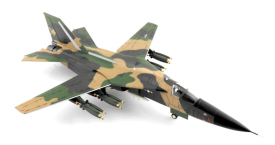 Front starboard side view of the 1/72 scale diecast model of the General Dynamics F-111A Aardvark serial number 66-0022, Det 1, 428th TFS, USAF, during operation "Combat Lancer", Ta Khli Royal Thai Air Base, 1968 - HA3031