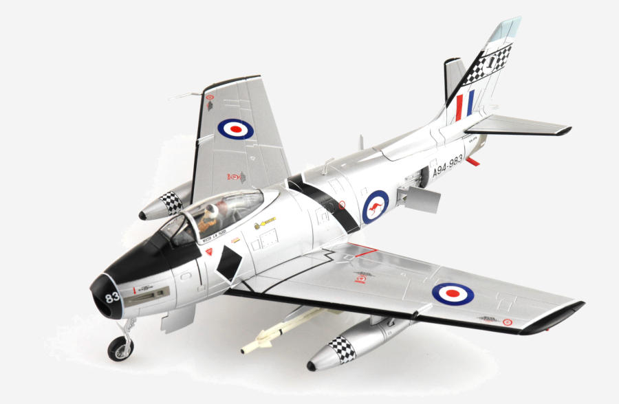 Front port side view of the 1/72 scale diecast model CAC CA-27 Sabre Mk.32 serial number A94-983 "Black Diamonds", a Royal Australian Air Force (RAAF) Aerobatic Team from No.75 Squadron, circa the early 1960s - HA4321