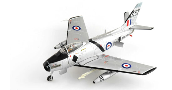 Front port side view of the 1/72 scale diecast model CAC CA-27 Sabre Mk.32 serial number A94-983 "Black Diamonds", a Royal Australian Air Force (RAAF) Aerobatic Team from No.75 Squadron, circa the early 1960s - HA4321