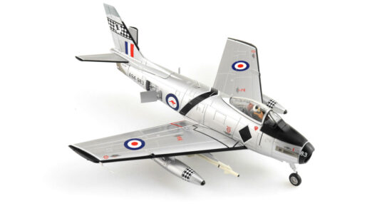 Front starboard side view of the 1/72 scale diecast model CAC CA-27 Sabre Mk.32 serial number A94-983 "Black Diamonds", a Royal Australian Air Force (RAAF) Aerobatic Team from No.75 Squadron, circa the early 1960s - HA4321