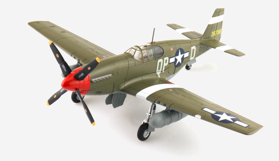Front port side 1/48 scale diecast model North American P-51B Mustang, tail code QP-D. Assigned to Lt. Steve Pisanos of the 334th Fighter Squadron, 4th Fighter Group, United States Army Air Force May 1944 - HA8515 