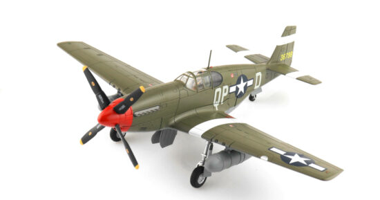 Front port side view of the 1/48 scale diecast model North American P-51B Mustang, tail code QP-D. Assigned to Lt. Steve Pisanos of the 334th Fighter Squadron, 4th Fighter Group, United States Army Air Force May 1944 - HA8515 
