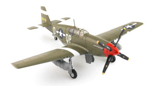 Front starboard side view of the 1/48 scale diecast model North American P-51B Mustang, tail code QP-D. Assigned to Lt. Steve Pisanos of the 334th Fighter Squadron, 4th Fighter Group, United States Army Air Force May 1944 - HA8515 