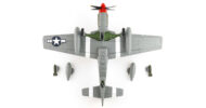 Underside view of the 1/48 scale diecast model North American P-51B Mustang, tail code QP-D. Assigned to Lt. Steve Pisanos of the 334th Fighter Squadron, 4th Fighter Group, United States Army Air Force May 1944 - HA8515 
