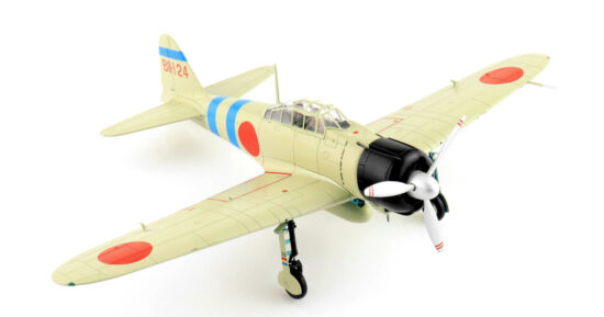 Front starboard side view of the 1/48 scale diecast model A6M2 Type 0 Model 11 "Rei-sen" flown by Ittō-hikō-heisō Tsugio Matsuyama, Hiryū Hikōkita (Hiryū Air Group), Imperial Japanese Naval Air Service, the attack on Pearl Harbour, December 7, 1941 - HA8811