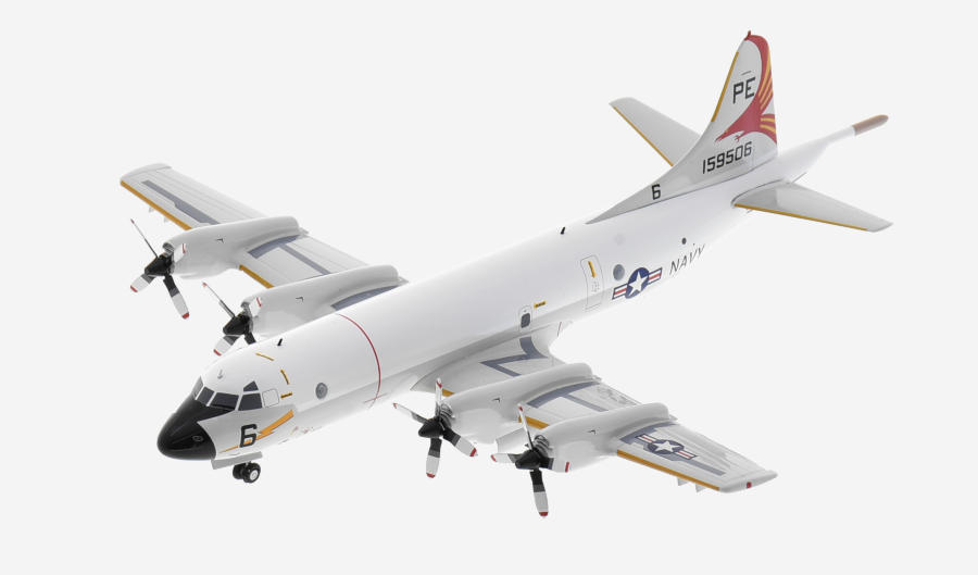 Top view of the 1/200 scale diecast model of the Lockheed P-3C Orion BuNo 159506, Tail code PE/6 of VP-19 "Big Red", US Navy, circa the 1980s - IFP3NAVY0623