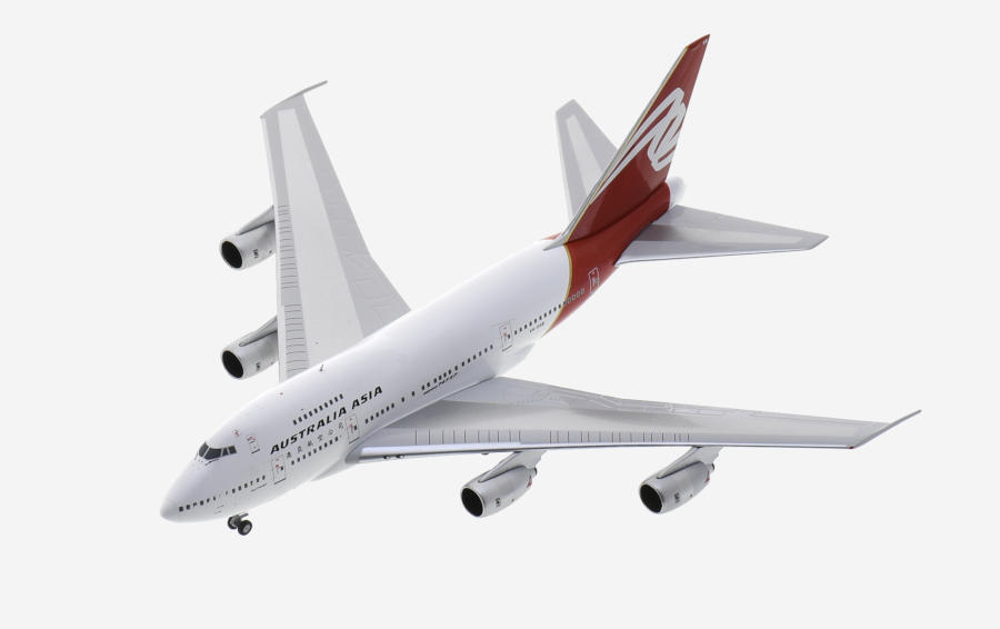Top view of the 1/400 scale diecast model of the Boeing 747SP, registration VH-EAB, named "City of Traralgon" in Australia Asia Airlines livery - NG Models NG07036