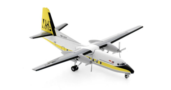 Front starboard side view of the 1/200 scale diecast model of the Fokker 27-200 Friendship registration 9M-AOX in Malaysia-Singapore Airlines (MSA) livery - Western Models WM211299
