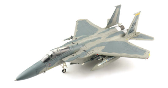 Front port side view of the 1/72 scale diecast model McDonnell Douglas F-15C Eagle serial number 84-0025 in the "Mod Eagle Scheme", a "Double MiG Killer" of the 53rd FS "Tigers" 52nd FW USAF, the mid-1990s - Hobby Master HA4532