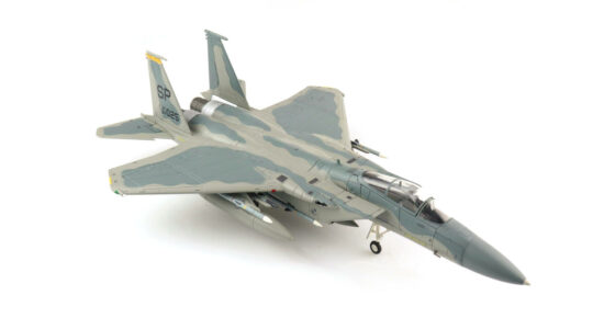Front starboard side view of the 1/72 scale diecast model McDonnell Douglas F-15C Eagle serial number 84-0025 in the "Mod Eagle Scheme", a "Double MiG Killer" of the 53rd FS "Tigers" 52nd FW USAF, the mid-1990s - Hobby Master HA4532