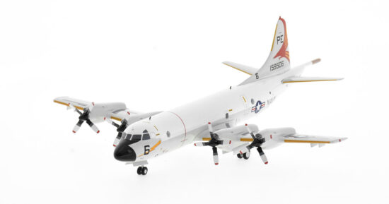 Front port side view of the 1/200 scale diecast model of the Lockheed P-3C Orion BuNo 159506, Tail code PE/6 of VP-19 "Big Red", US Navy, circa the 1980s - IFP3NAVY0623