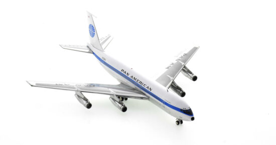 Front starboard side view of the 1/200 scale diecast model of the Boeing 707-120B  named "Jet Clipper America", registration N710PA in Pan American Airways livery, circa 1960s - Inflight200 IF701PA0623P