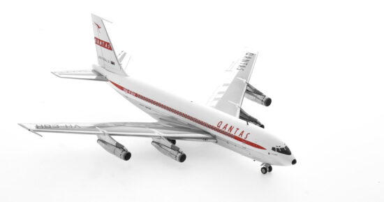 Front starboard side view of the 1/200 scale diecast model of the Boeing 707-1320  named "City Of Darwin", registered  VH-EBH in Qantas " Interim" livery, circa 1961 - Inflight200 IF701QF120P