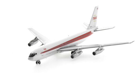 Front port side view of the 1/200 scale diecast model of the Boeing 707-120B registered N86741 in Trans World Airlines (TWA) livery, circa 1975 - Inflight200 IF701TW0823P 