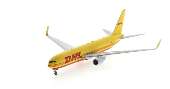 Front port side view of the 1/200 scale diecast model Boeing 767-300F, registration VH-EXZ, operated by Tasman Cargo Airlines in DHL livery - Inflight200 IF763DH0122