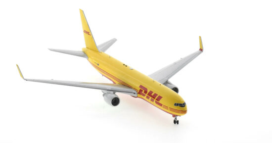 Front starboard side view of the 1/200 scale diecast model Boeing 767-300F, registration VH-EXZ, operated by Tasman Cargo Airlines in DHL livery - Inflight200 IF763DH0122