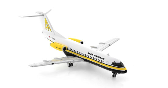 Front starboard side view of the 1/200 scale diecast model of the Fokker F28 Mk 4000 Fellowship registration G-JCWW in Air Anglia livery, circa 1979 - Inflight200 IFF28AQ1120