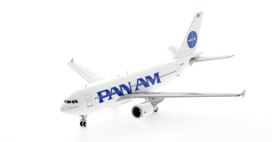 Front port side view of the 1/200 scale diecast model of the Airbus A310-300 registration N824PA, named "Clipper Golden Rule" in Pan American World Airways (Pan Am) livery, circa 1990 - JC Wings JC2PAA291 / XX2291 
