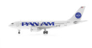 Port side view of the 1/200 scale diecast model of the Airbus A310-300 registration N824PA, named "Clipper Golden Rule" in Pan American World Airways (Pan Am) livery, circa 1990 - JC Wings JC2PAA291 / XX2291 