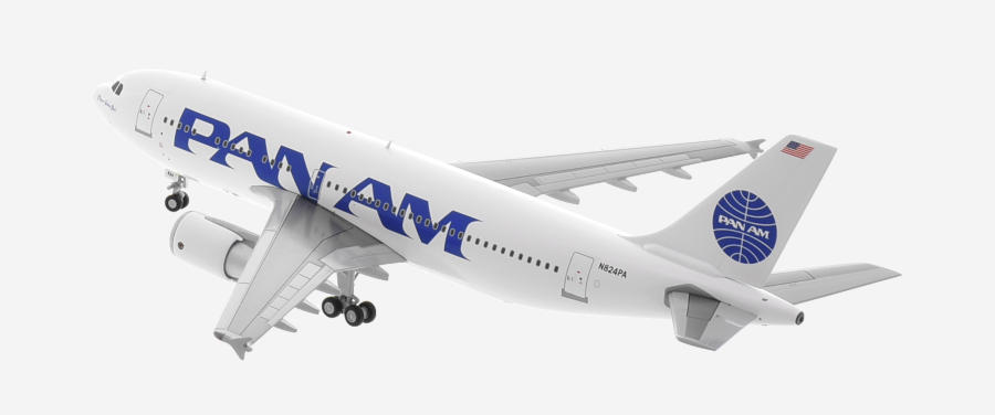 top view of the 1/200 scale diecast model of the Airbus A310-300 registration N824PA, named "Clipper Golden Rule" in Pan American World Airways (Pan Am) livery, circa 1990 - JC Wings JC2PAA291 / XX2291 