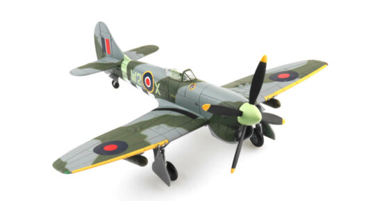 Front starboard side view of the 1/72 scale diecast model Hawker Tempest Mk.V serial number EJ705, squadron code W2-X of No.80 Squadron Royal Air Force Showing Australian Plt Off F. A. Lang personal emblem, a kangaroo holding the Australian flag - SkyMax SM4008