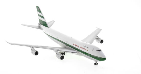 Front starboard side view of the 1/200 scale diecast model of the Boeing 747-200B registration VR-HIA in Cathay Pacific Airways livery, circa the early 1970s - WB Models WB-747-2-028P 