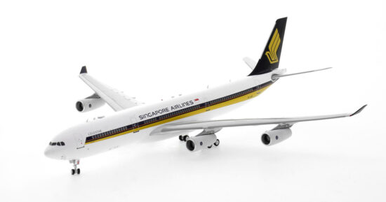 Front port side view of the 1/200 scale diecast model of the Airbus A340-300, registration 9V-SJM, in Singapore Airlines livery, circa 2000 - WB Models WB-A340-3-013