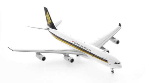 Front starboard side view of the 1/200 scale diecast model of the Airbus A340-300, registration 9V-SJM, in Singapore Airlines livery, circa 2000 - WB Models WB-A340-3-013