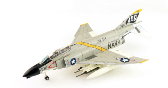 Front port side view of the 1/72 scale diecast model of the McDonnell Douglas F-4B Phantom II BuNo 151506, tail code AG/200 of Fighter Squadron 84  "Jolly Rogers", United States Navy, 1964 - Hobby Master HA19048