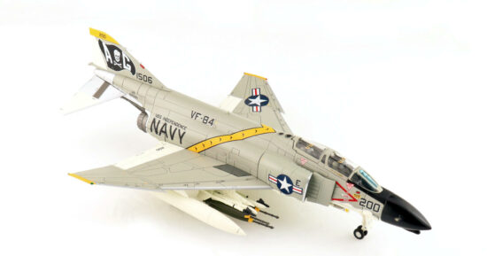 Front starboard side view of the 1/72 scale diecast model of the McDonnell Douglas F-4B Phantom II BuNo 151506, tail code AG/200 of Fighter Squadron 84  "Jolly Rogers", United States Navy, 1964 - Hobby Master HA19048