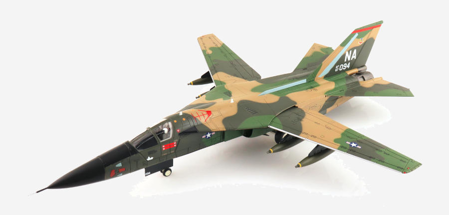 Front port side view of the 1/72 scale diecast model of the General Dynamics F-111A Aardvark serial number 67-0094, "Gunboat Killer", 430th TFS, USAF - Hobby Master HA3032