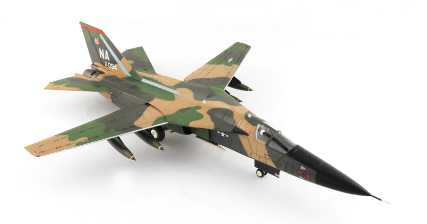 Front starboard side view of the 1/72 scale diecast model of the General Dynamics F-111A Aardvark serial number 67-0094, "Gunboat Killer", 430th TFS, USAF - Hobby Master HA3032
