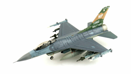 Front port side Front port side view of the 1/72 scale diecast model Lockheed F-16C Block 40F, s/n 89-2060, wearing the 8th Fighter Wing "Wolf Pack" heritage tail flash honouring Colonel Robin Olds and “SCAT XXVII” - Hobby Master HA38021