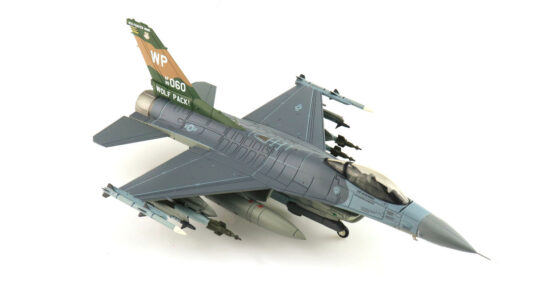 Front starboard side Front port side view of the 1/72 scale diecast model Lockheed F-16C Block 40F, s/n 89-2060, wearing the 8th Fighter Wing "Wolf Pack"heritage tail flash honouring Colonel Robin Olds and “SCAT XXVII” - Hobby Master HA38021