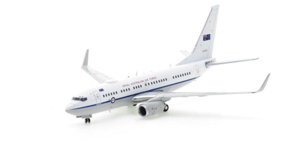 Front port side view of the 1/200 scale diecast model of the Boeing 737 BBJ serial number A36-002 of No.34 Squadron, Royal Australian Air Force (RAAF) - Gemini Jets G2RAA1223