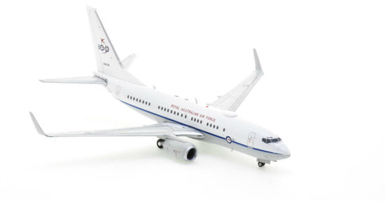 Front starboard side view of the 1/200 scale diecast model of the Boeing 737-7DF BBJ serial number A36-001 with the RAAF's "100 Years" anniversary tail logo assigned to No.34 Squadron, Royal Australian Air Force - Gemini Jets G2RAA1224 