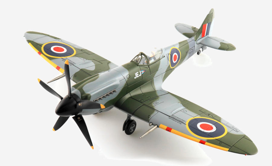 Front port side view of the 1/48 scale diecast model of the Supermarine Spitfire Mk.IXe serial number MV257/JE-J. Flown by Group Captain Johnnie Johnson, Commanding Officer of  No.125 Wing, Royal Air Force - Hobby Master HA7114 